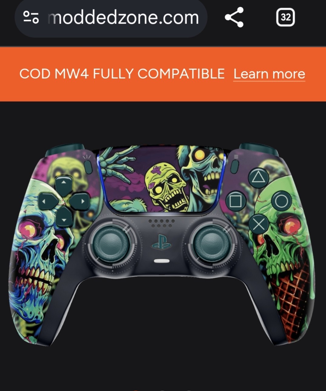 ModdedZone screenshot of a custom PlayStation 5 controller covered in colorful zombie and skull artwork